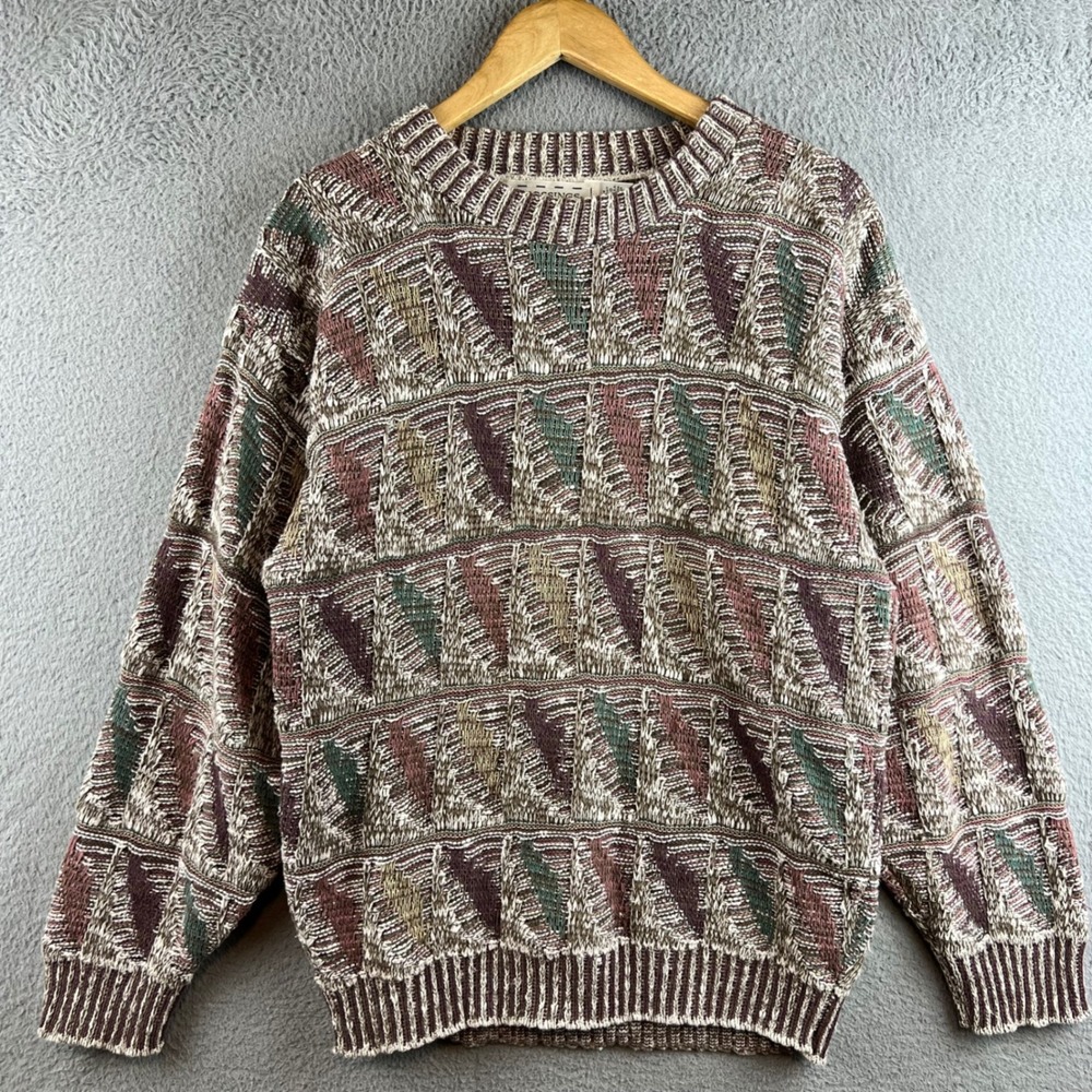 Crossings Vintage 3D Textured Knit Sweater Mens Medium Cotton Geometric USA Made